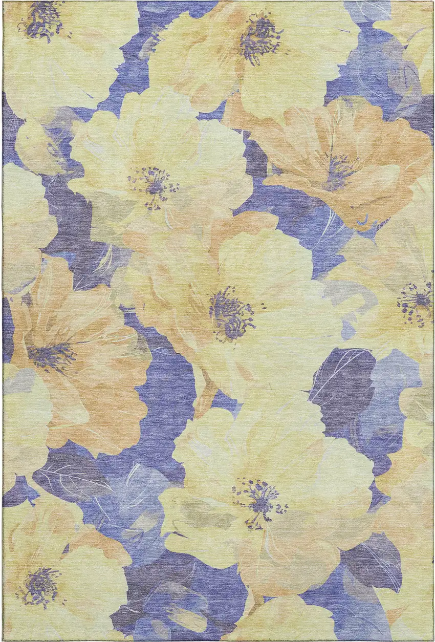 Wheat And Lavender Floral Washable Area Rug With UV Protection Photo 1