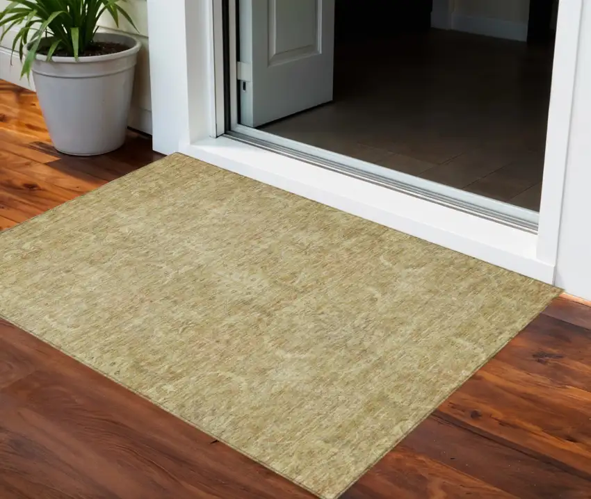 Wheat And Light Brown Damask Washable Indoor Outdoor Area Rug Photo 1
