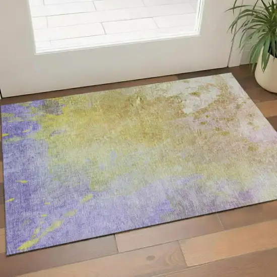 Wheat And Purple Abstract Washable Area Rug With UV Protection Photo 1