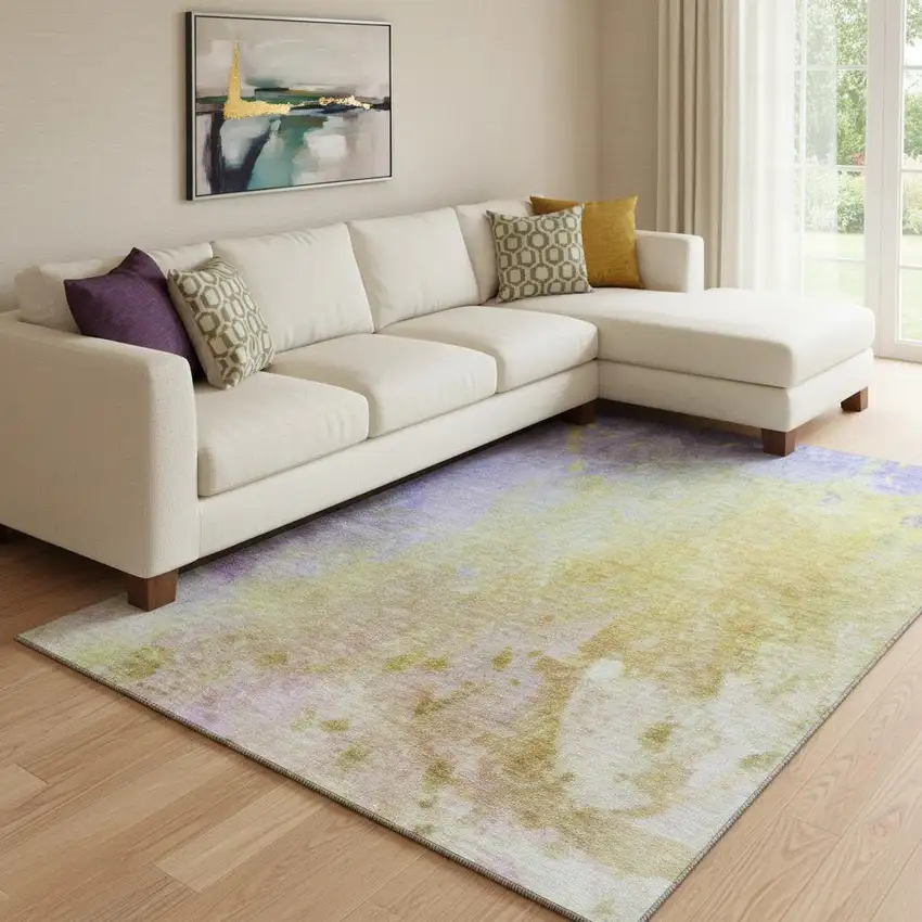 Wheat And Purple Abstract Washable Area Rug With UV Protection Photo 1