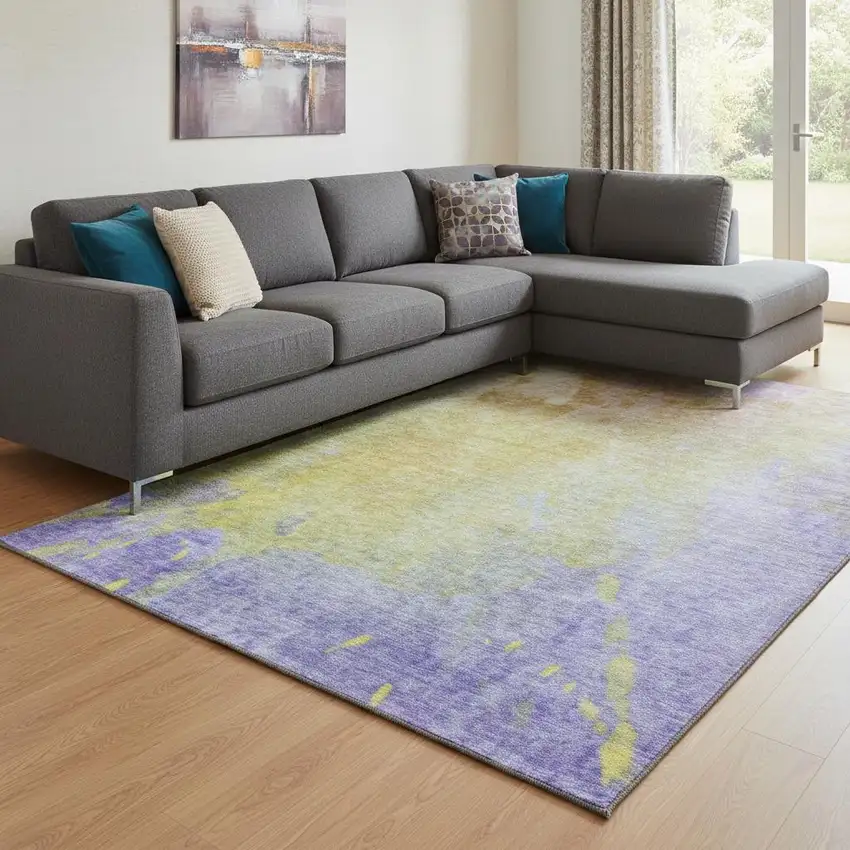 Wheat And Purple Abstract Washable Area Rug With UV Protection Photo 2