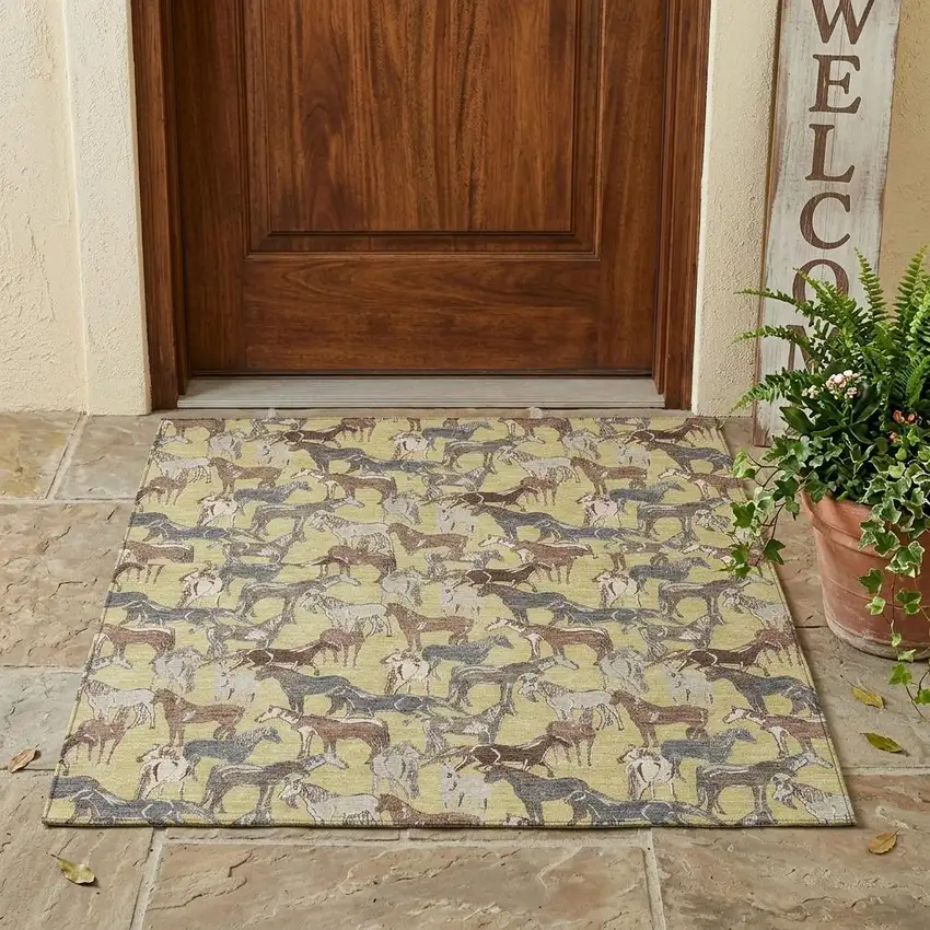 Wheat And Taupe Horse Washable Indoor Outdoor Area Rug Photo 1
