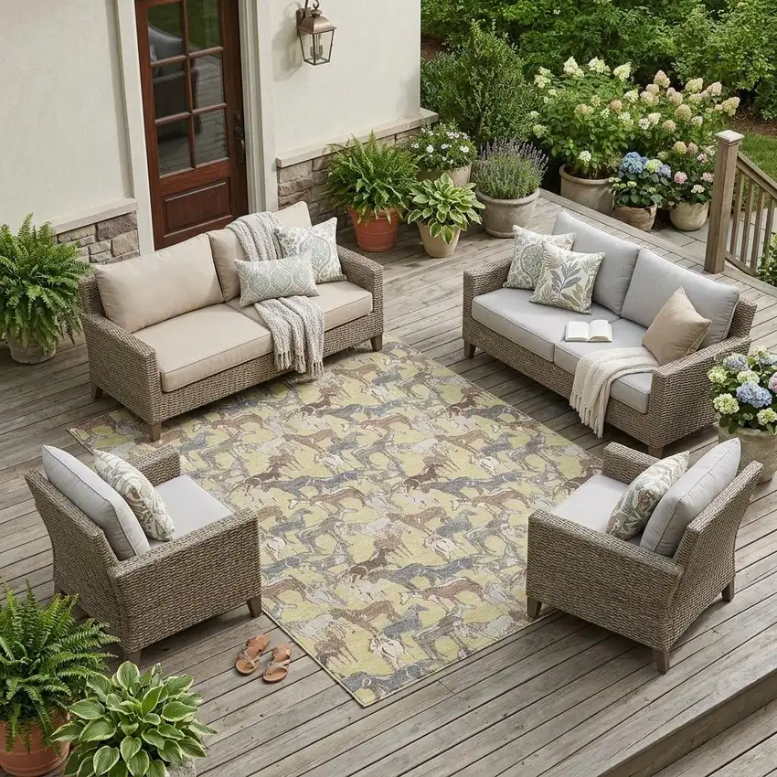 Wheat And Taupe Horse Washable Indoor Outdoor Area Rug Photo 1
