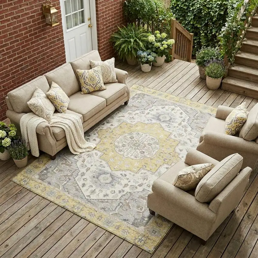 Wheat And Taupe Oriental Washable Indoor Outdoor Area Rug Photo 1