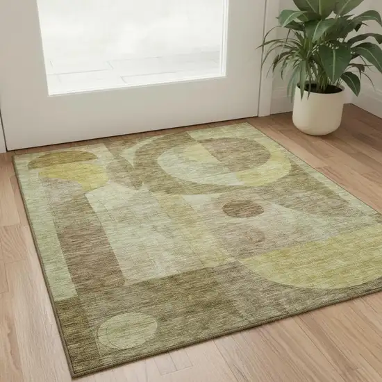 Wheat Beige And Gold Abstract Geometric Washable Area Rug With UV Protection Photo 2