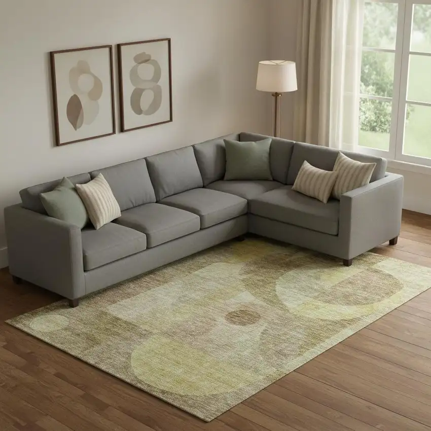 Wheat Beige And Gold Abstract Geometric Washable Area Rug With UV Protection Photo 2