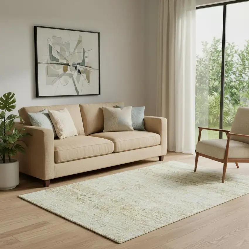 Wheat Beige And Gold Abstract Geometric Washable Area Rug With UV Protection Photo 2