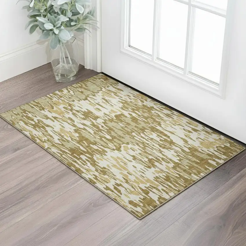 Wheat Beige And Gold Striped Washable Area Rug With UV Protection Photo 2