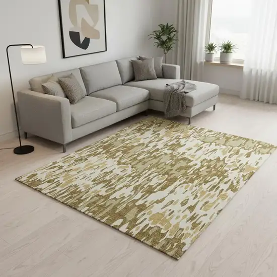 Wheat Beige And Gold Striped Washable Area Rug With UV Protection Photo 2