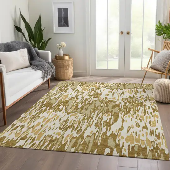 Wheat Beige And Gold Striped Washable Area Rug With UV Protection Photo 5