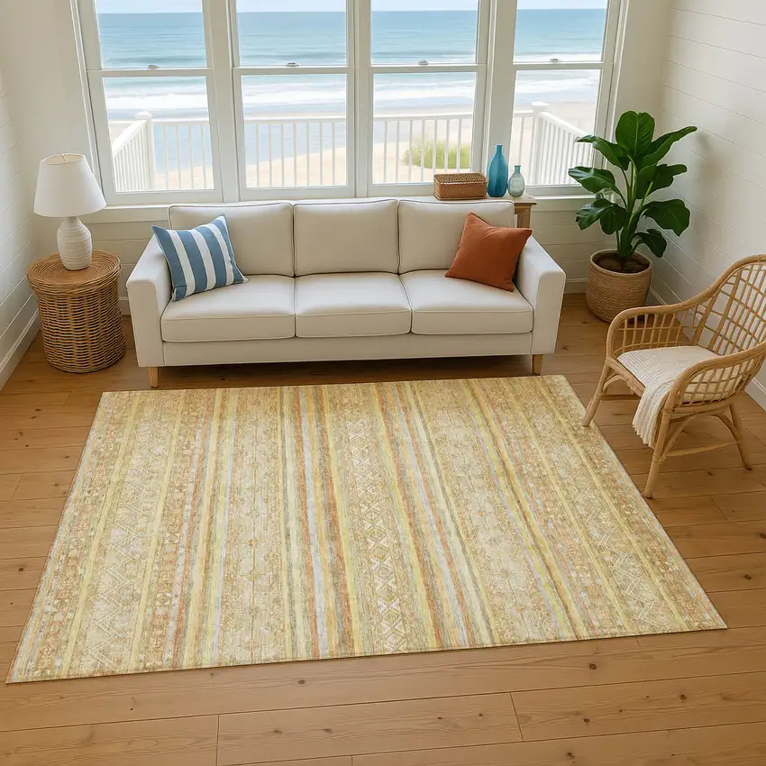 Wheat Beige And Gold Striped Washable Area Rug With UV Protection Photo 1