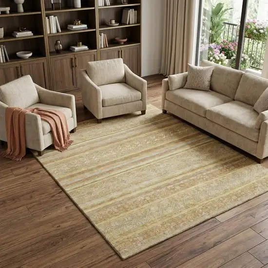Wheat Beige And Gold Striped Washable Area Rug With UV Protection Photo 1