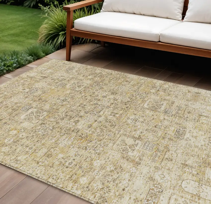 Wheat Beige And Gray Floral Washable Indoor Outdoor Area Rug Photo 1