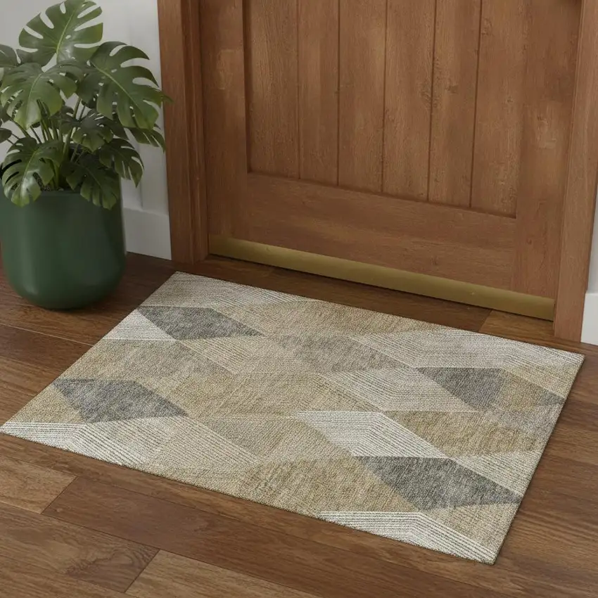 Wheat Beige And Gray Geometric Washable Area Rug With UV Protection Photo 1