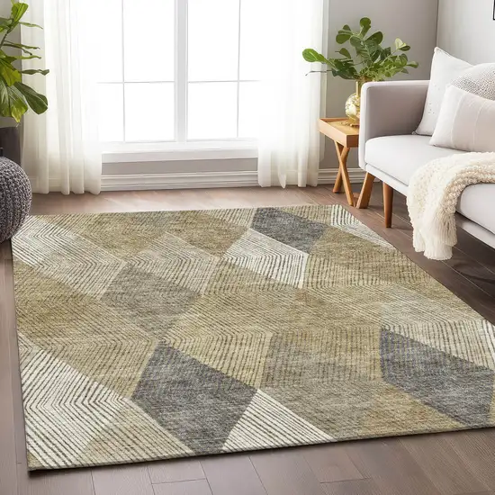 Wheat Beige And Gray Geometric Washable Area Rug With UV Protection Photo 3