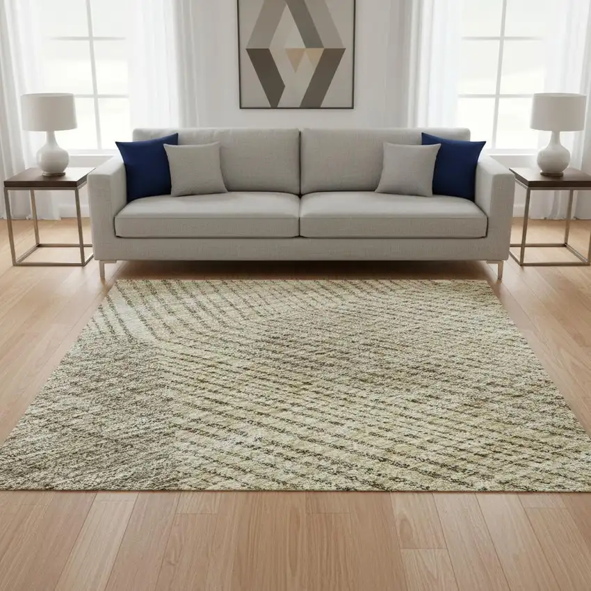 Wheat Beige And Gray Geometric Washable Area Rug With UV Protection Photo 2