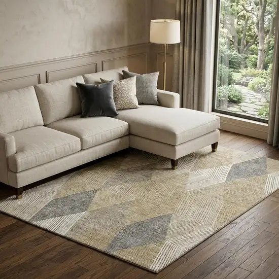 Wheat Beige And Gray Geometric Washable Area Rug With UV Protection Photo 1