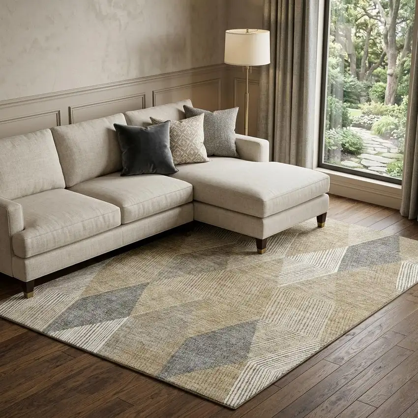 Wheat Beige And Gray Geometric Washable Area Rug With UV Protection Photo 1