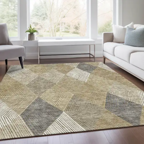 Wheat Beige And Gray Geometric Washable Area Rug With UV Protection Photo 3