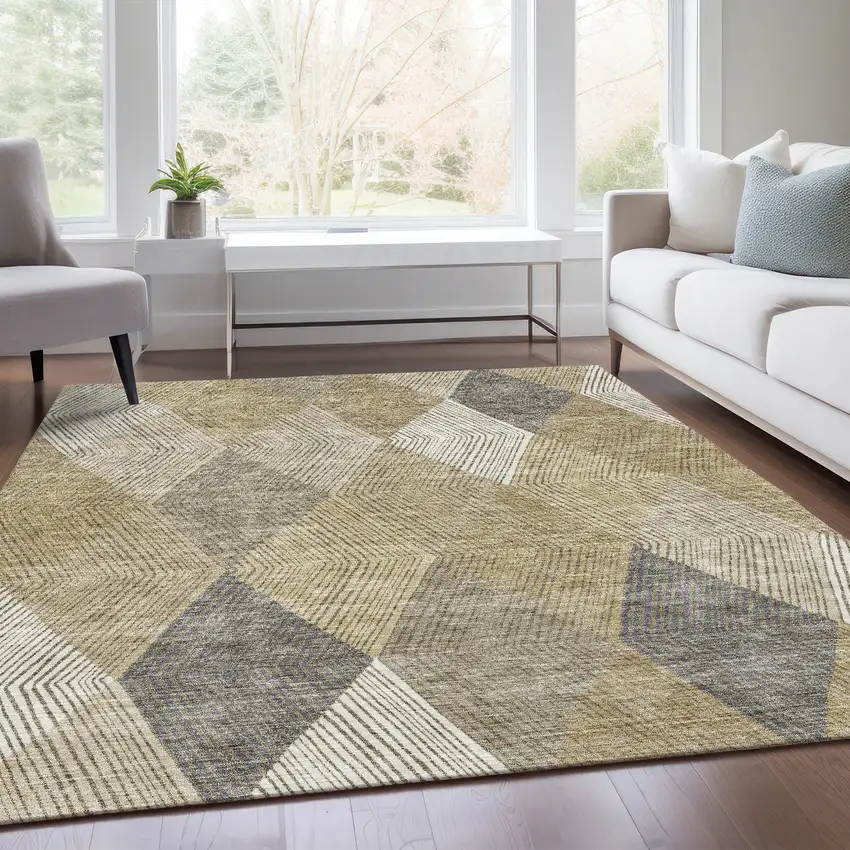 Wheat Beige And Gray Geometric Washable Area Rug With UV Protection Photo 3