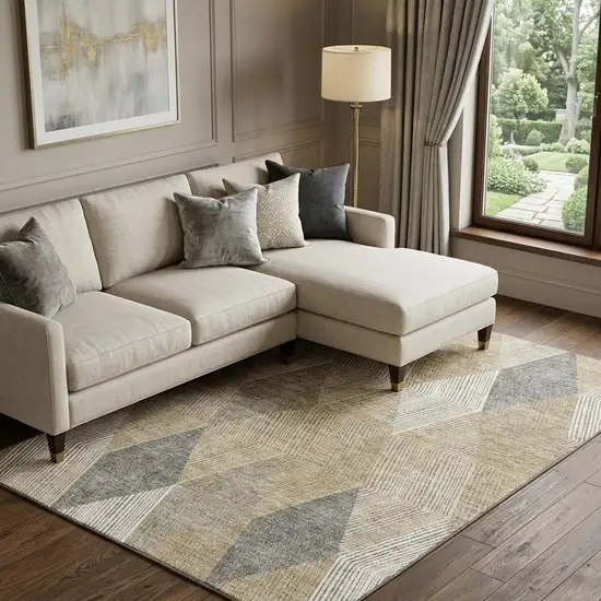 Wheat Beige And Gray Geometric Washable Area Rug With UV Protection Photo 1