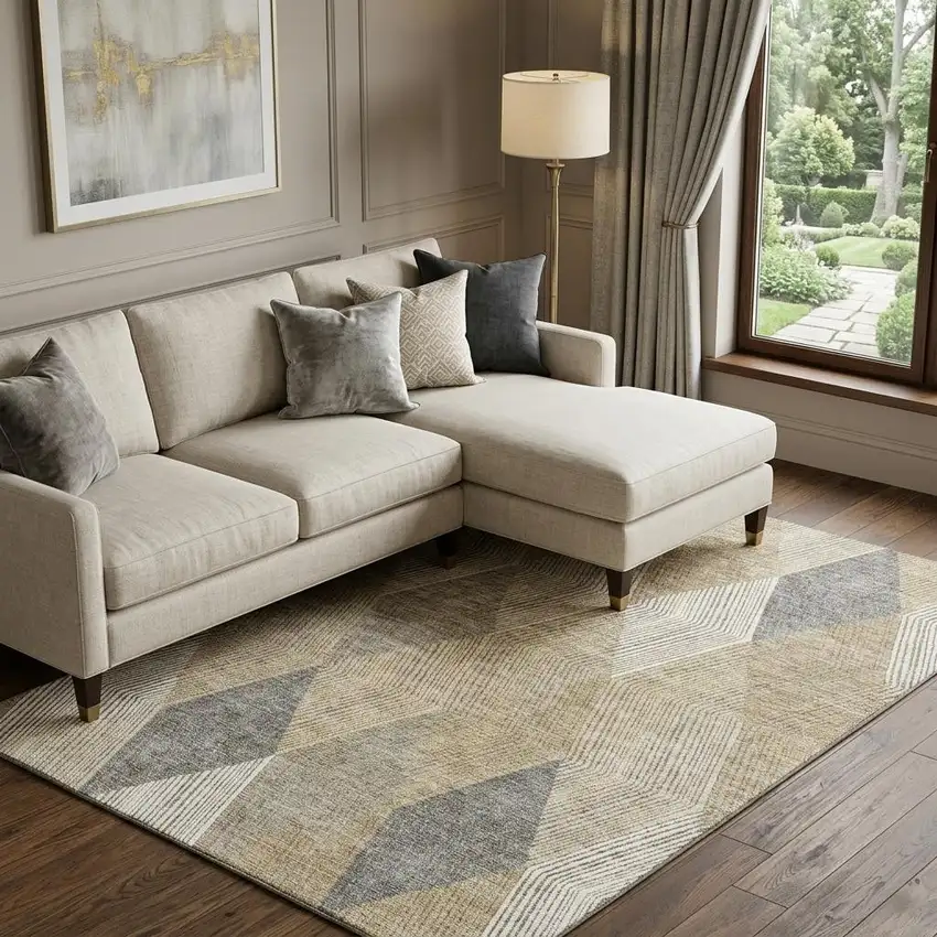 Wheat Beige And Gray Geometric Washable Area Rug With UV Protection Photo 1