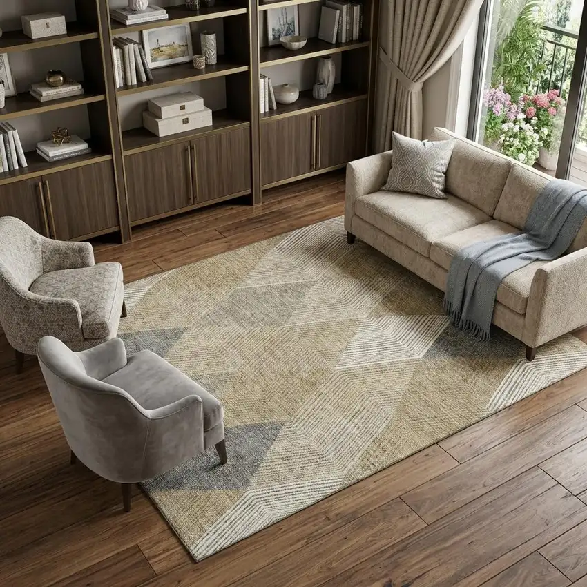 Wheat Beige And Gray Geometric Washable Area Rug With UV Protection Photo 1