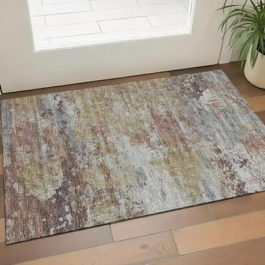 Wheat Beige And Gray Striped Washable Area Rug With UV Protection Photo 2