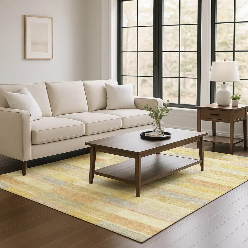 Wheat Beige And Gray Striped Washable Area Rug With UV Protection Photo 3