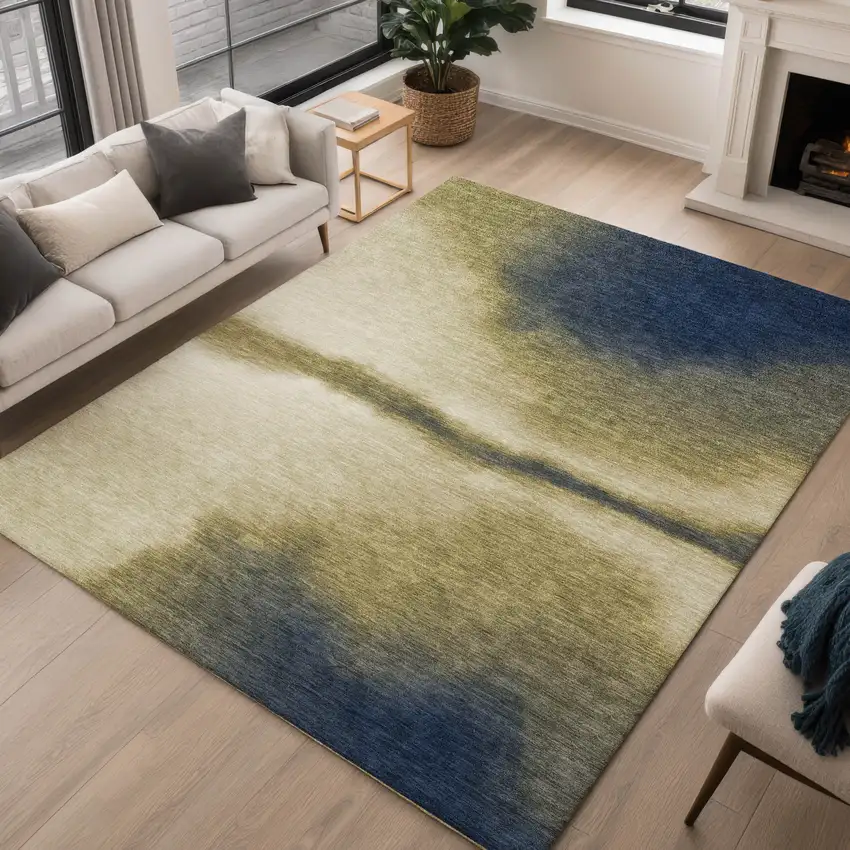 Wheat Blue And Beige Abstract Washable Indoor Outdoor Area Rug Photo 5