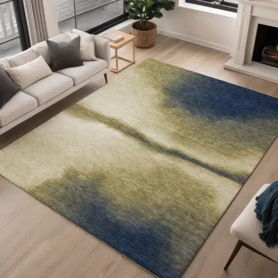 Wheat Blue And Beige Abstract Washable Indoor Outdoor Area Rug Photo 5