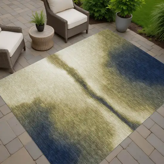 Wheat Blue And Beige Abstract Washable Indoor Outdoor Area Rug Photo 6