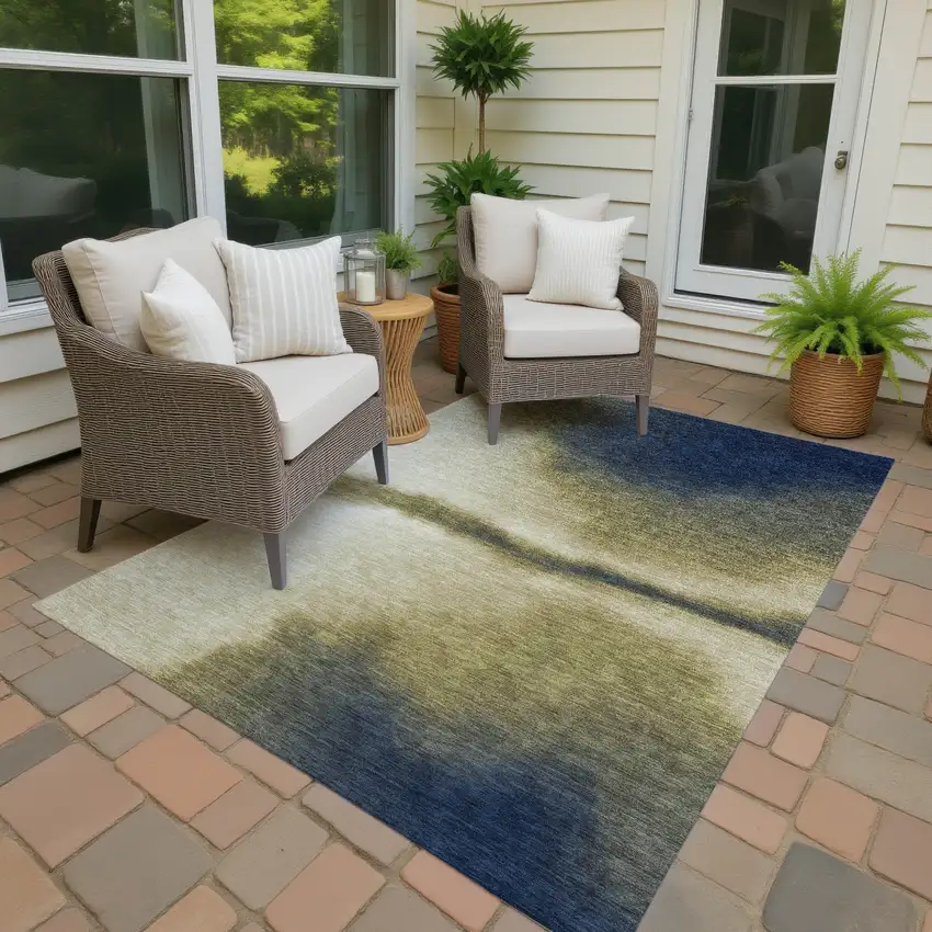 Wheat Blue And Beige Abstract Washable Indoor Outdoor Area Rug Photo 3