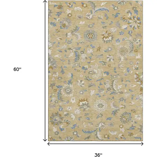 Wheat Blue And Beige Floral Washable Area Rug With UV Protection Photo 8