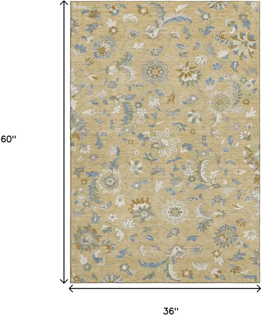 Wheat Blue And Beige Floral Washable Area Rug With UV Protection Photo 8