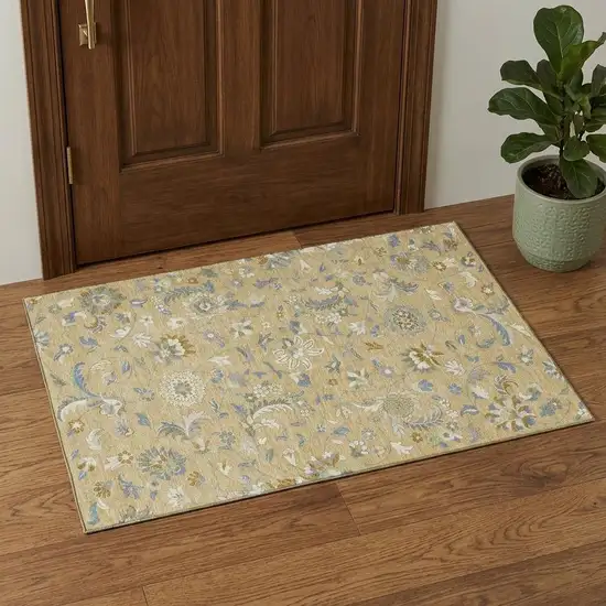 Wheat Blue And Beige Floral Washable Area Rug With UV Protection Photo 1