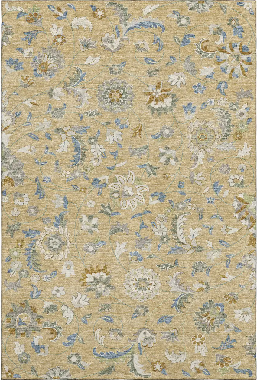 Wheat Blue And Beige Floral Washable Area Rug With UV Protection Photo 1
