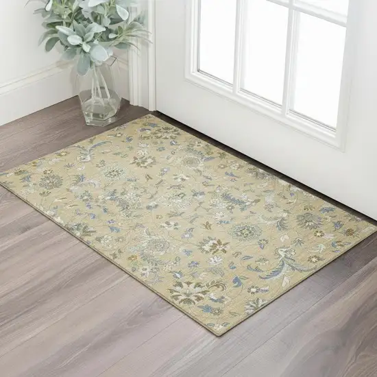 Wheat Blue And Beige Floral Washable Area Rug With UV Protection Photo 2