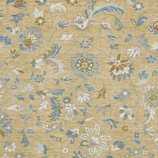 Wheat Blue And Beige Floral Washable Area Rug With UV Protection Photo 2