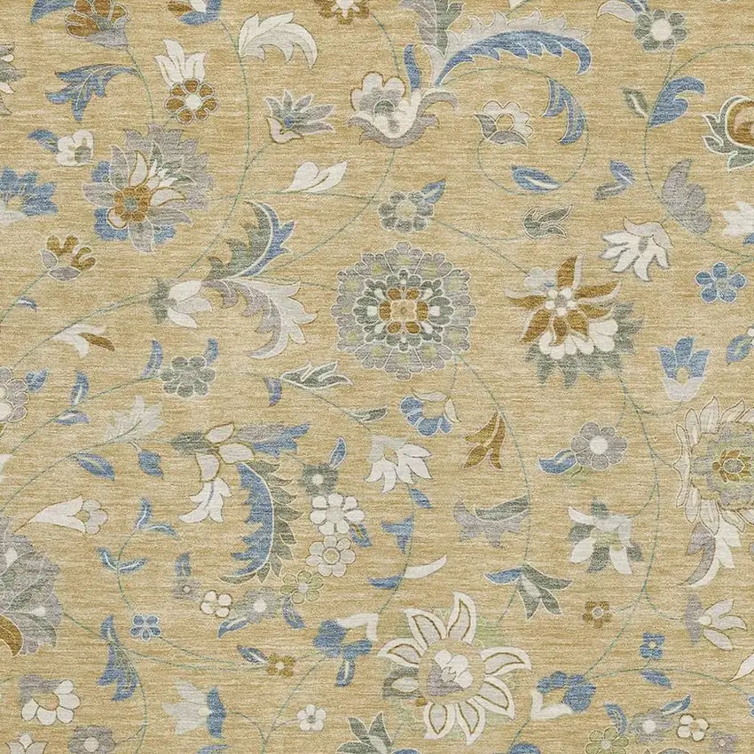 Wheat Blue And Beige Floral Washable Area Rug With UV Protection Photo 2