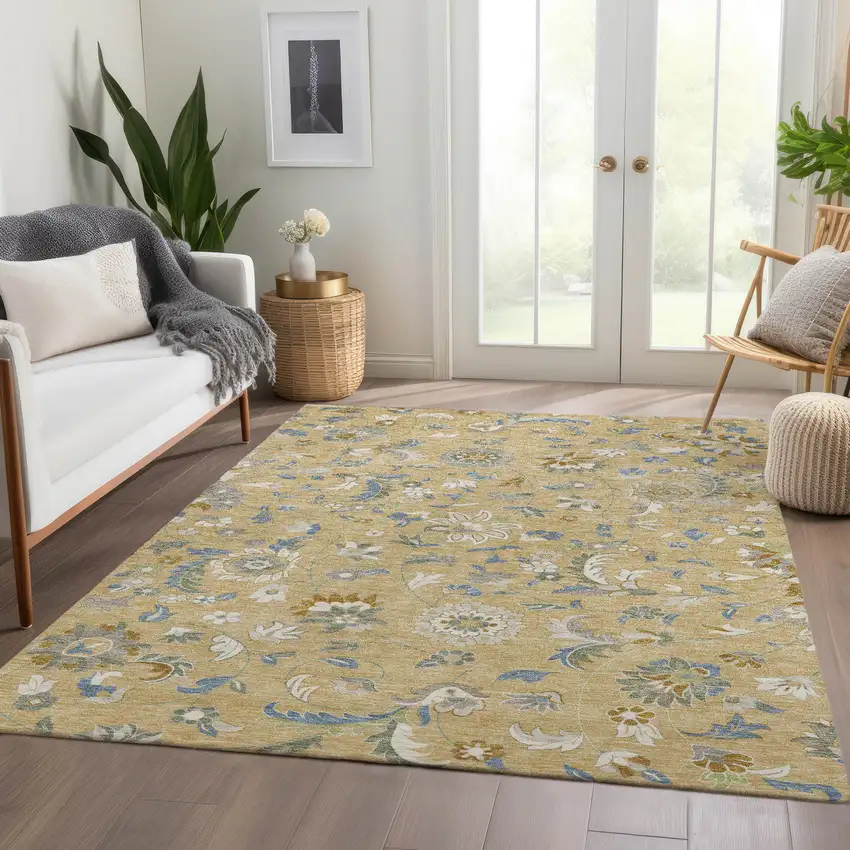 Wheat Blue And Beige Floral Washable Area Rug With UV Protection Photo 5