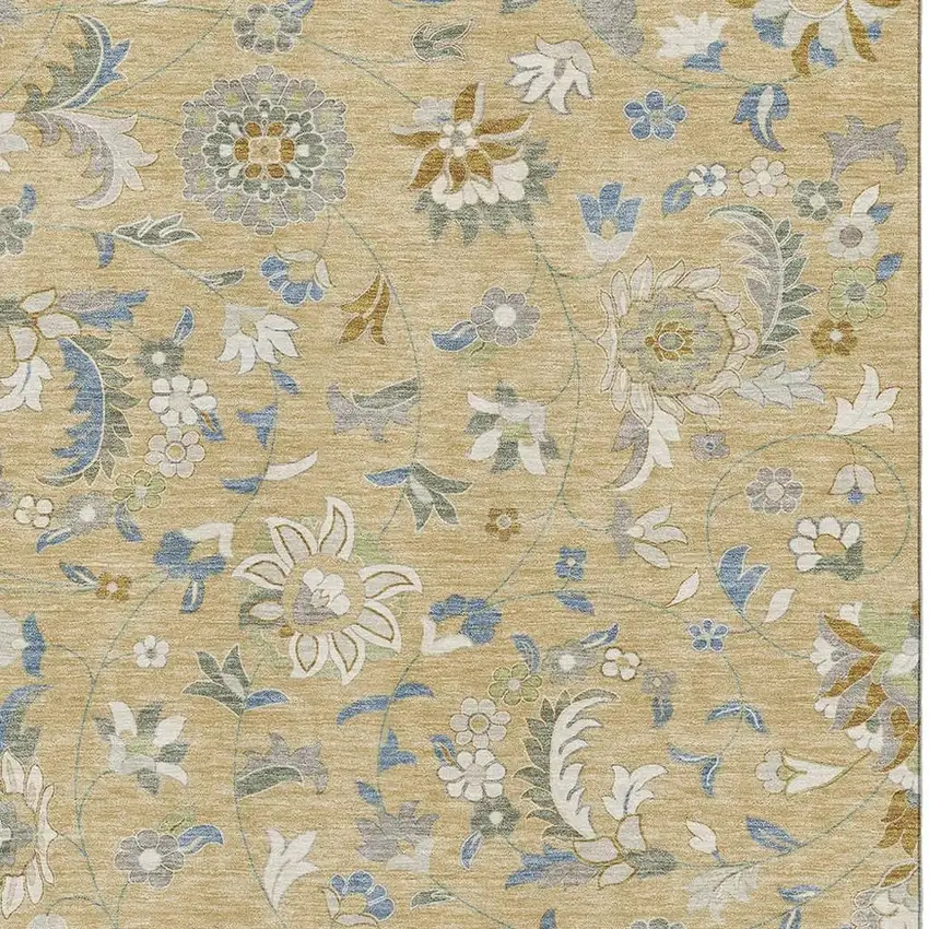 Wheat Blue And Beige Floral Washable Area Rug With UV Protection Photo 2