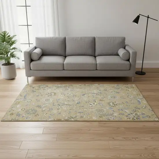 Wheat Blue And Beige Floral Washable Area Rug With UV Protection Photo 2