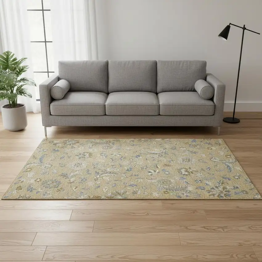 Wheat Blue And Beige Floral Washable Area Rug With UV Protection Photo 2