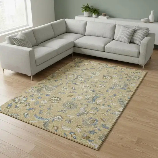 Wheat Blue And Beige Floral Washable Area Rug With UV Protection Photo 2
