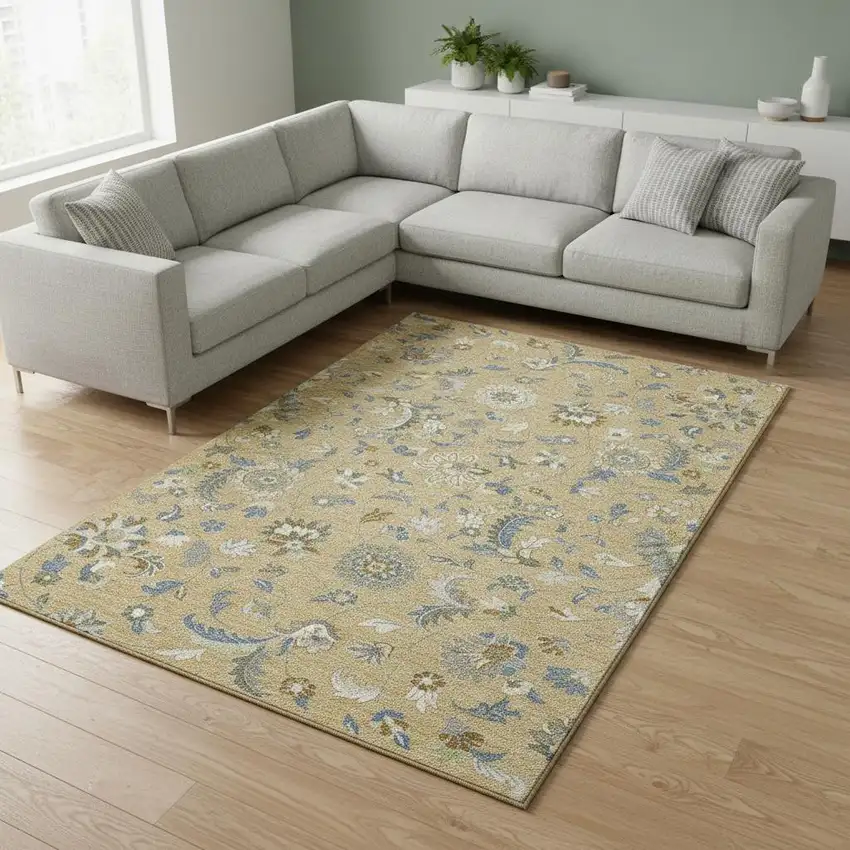 Wheat Blue And Beige Floral Washable Area Rug With UV Protection Photo 2