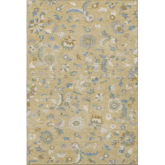 Wheat Blue And Beige Floral Washable Area Rug With UV Protection Photo 3