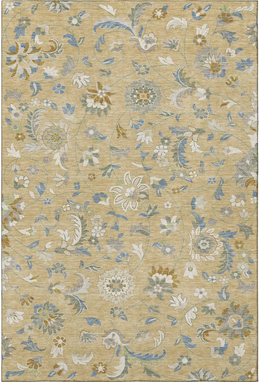 Wheat Blue And Beige Floral Washable Area Rug With UV Protection Photo 3