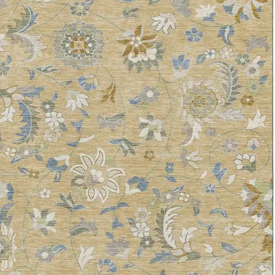 Wheat Blue And Beige Floral Washable Area Rug With UV Protection Photo 2
