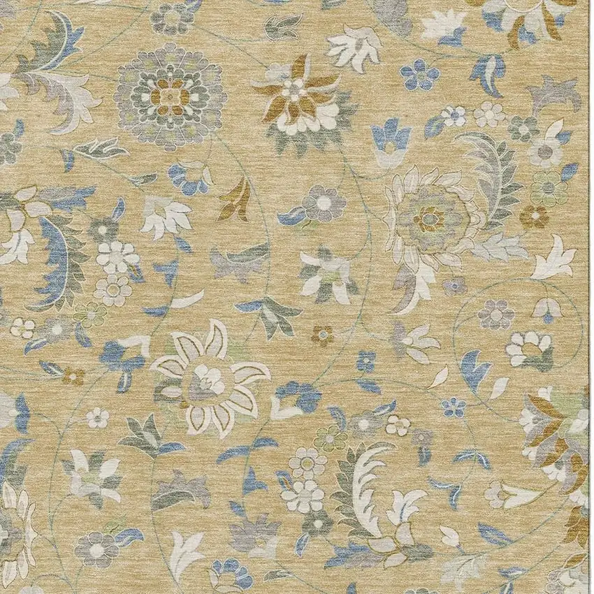 Wheat Blue And Beige Floral Washable Area Rug With UV Protection Photo 2